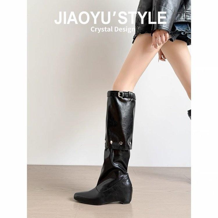 Autumn new medium tube pointed thin boots removable retro versatile stack knight boots tall boots thin