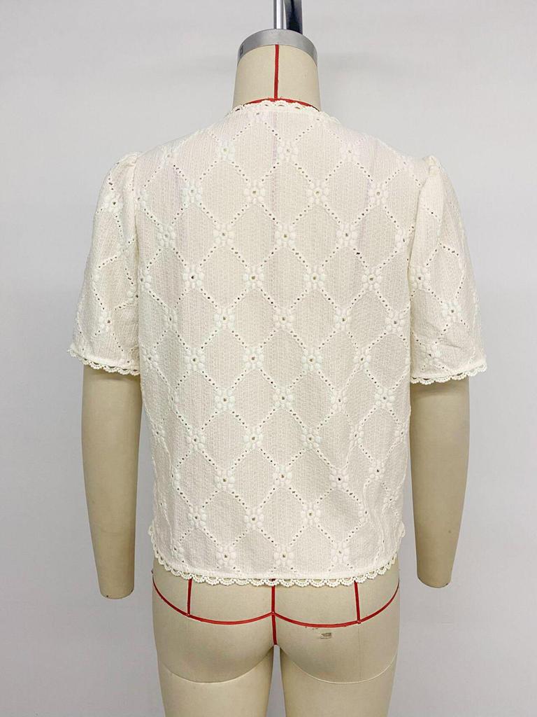 Женский топ с коротким рукавом, жаккардовый, с V-образным вырезом, кружевной, летний, 2026, европейский и американский стиль