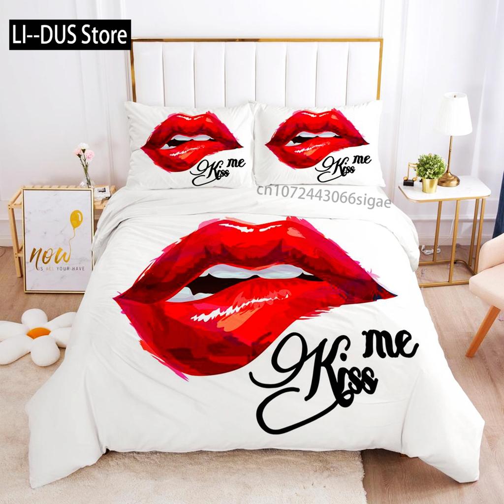 Комплект постельного белья с красными губами Queen Polyester Love Twin Комплект постельного белья Sexy Tema Adult Couple Покрывало для пододеяльника 3D Kiss Marks Покрывало для пододеяльника