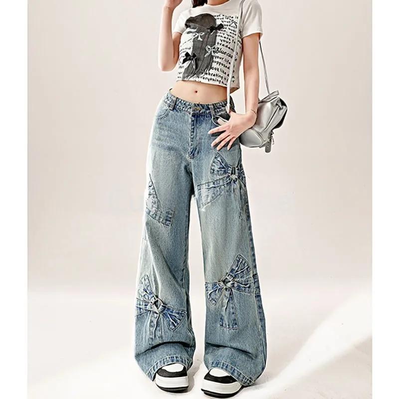 Women Blue Bow Jeans Harajuku Y2k Japanese 2000s Style Aesthetic Baggy Denim Trousers Oversize Jean Pants Vintage Trashy Clothes