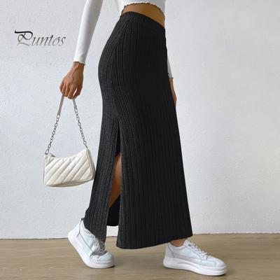 Женская макси-юбка в рубчик с высокой талией и боковым разрезом, вязаная юбка, однотонная облегающая длинная юбка, уличная одежда