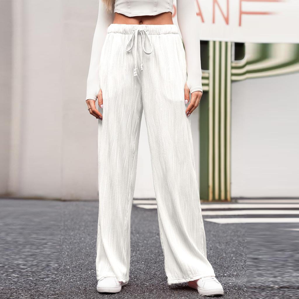Women's Fashion Casual Elastic Drawstring High Waist Textured Wide Leg Straight Pants