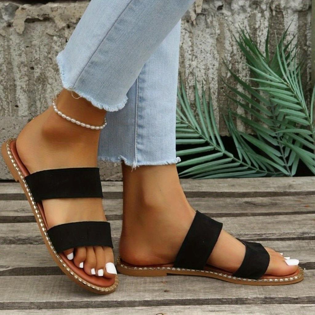 Женские шлепанцы на плоской подошве с двойным ремешком, противоскользящие туфли без шнуровки с круглым носком, универсальные пляжные шлепанцы на открытом воздухе