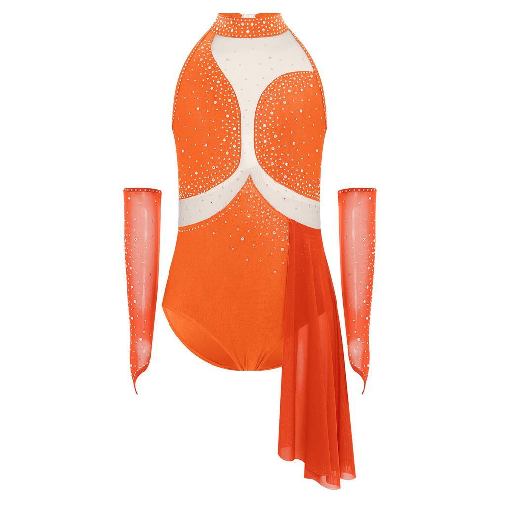 Девочки Фигурное катание Выступление Платье Вырез на спине Блестящие Стразы Прозрачная Сетка Пэчворк Асимметричная Юбка Леотард Перчатки