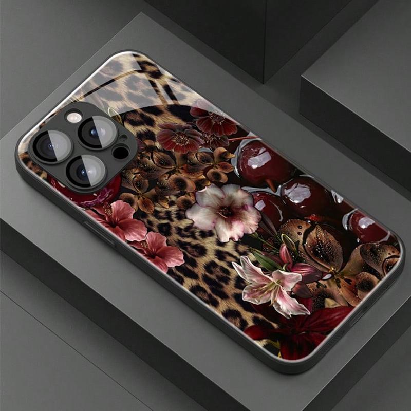 Закаленное стекло с узором "Леопардовая вишня" Чехол для телефона Для iPhone 17 16 15 14 13 12 11 Pro Max 17Air 16E 7 8 15 Plus XR XS X Чехол