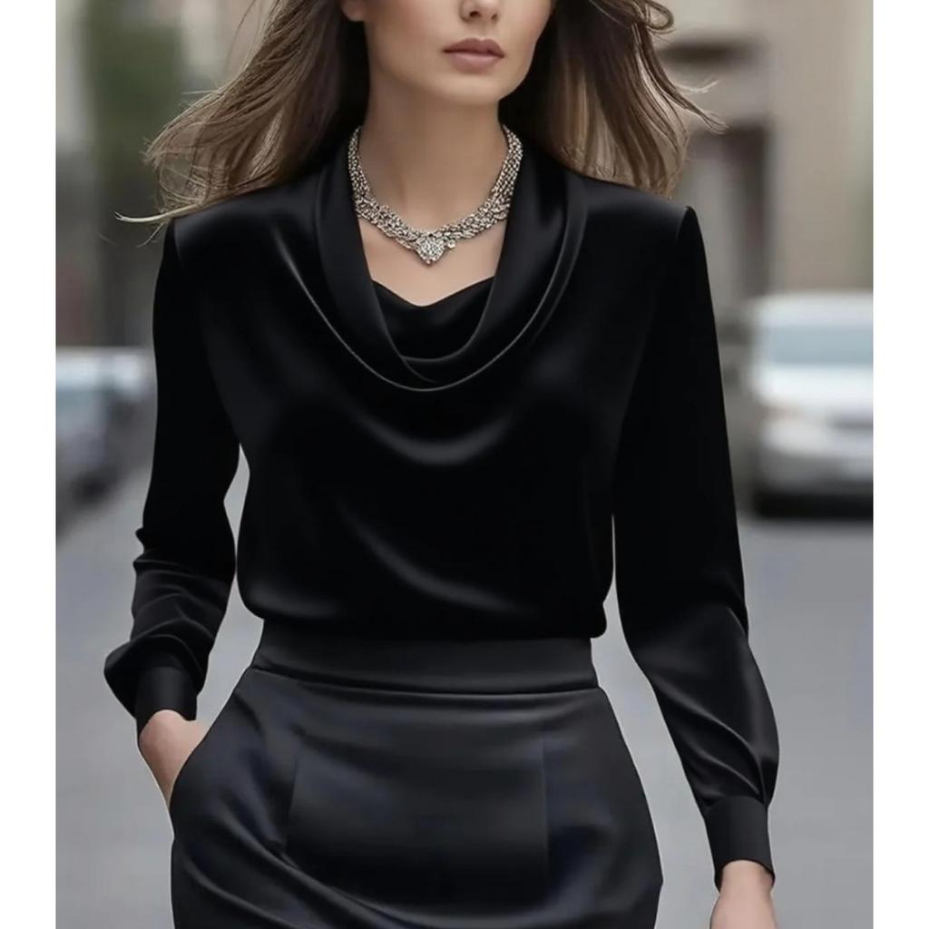 Осень 2025 Мода Женская Однотонная Простая Блузка с Вырезом-лодочкой и Длинным Рукавом Элегантная Рубашка