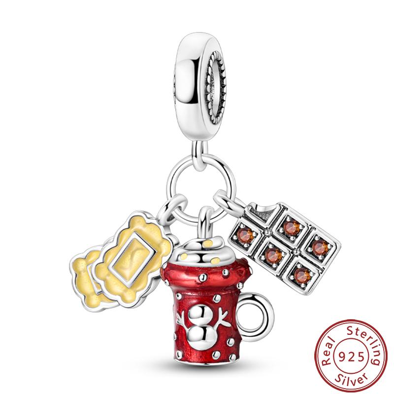 Dessert Afternoon Tea Series 925 Silver Coffee Cake Pizza Fries Sweet Charms Beads 3mm DIY Fine Jewelry Making