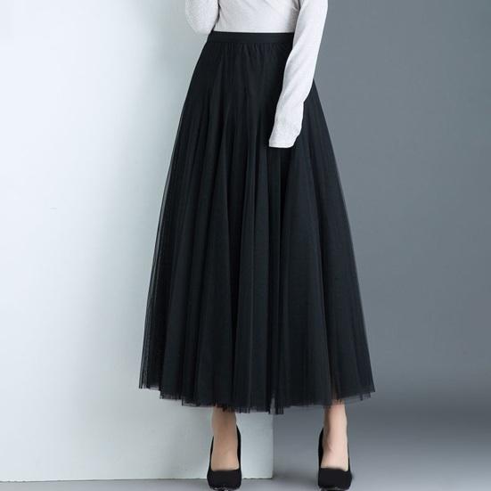 Women Midi Skirt Elastic High Waist Long Skirt with Solid Mesh Hem Solid Color A-Line Skirt Daily Wear