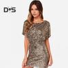 Women Mini Dress Round Neck Hollow Short Sleeve Backless Short Dress Glitter Sequins Hip Wrapped Party Dress