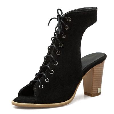 Бренд Ретро Женские Сандалии Флок Замша Пип-Тоу Массивный Каблук 5см На шнуровке Большой Размер 48 49 50 Мода Свидание Женская Обувь