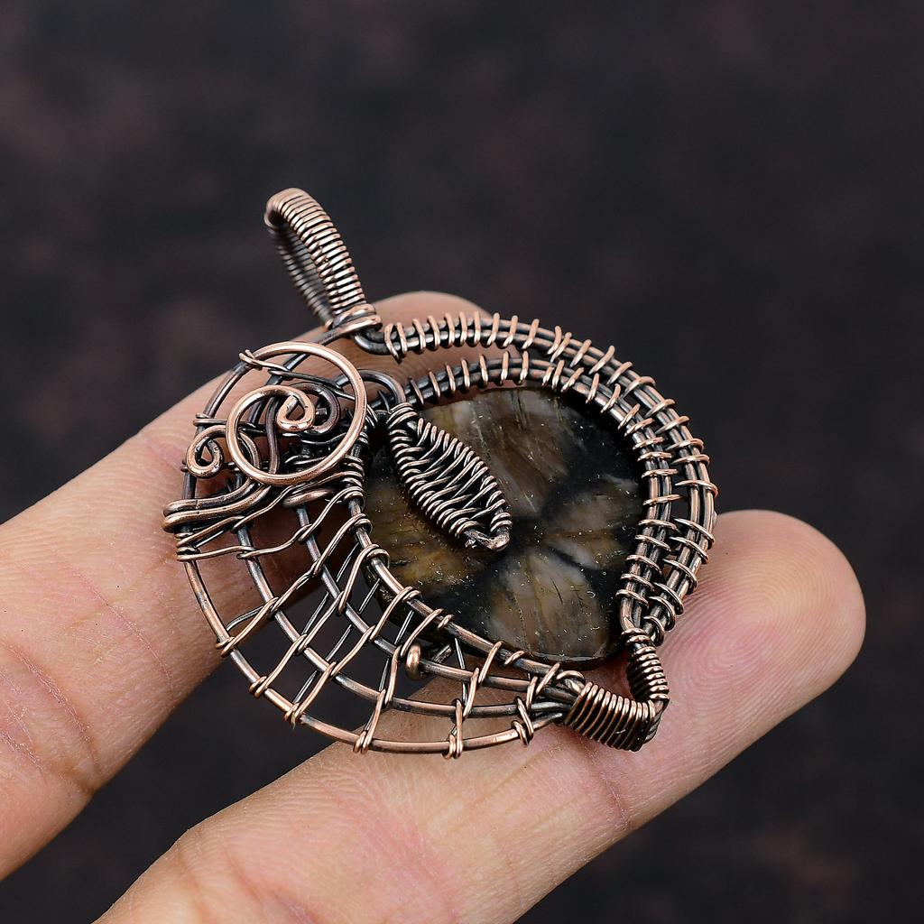 Подвеска с киастолитом, обернутая медной проволокой, подвеска ручной работы, украшения с киастолитом, украшения из медной проволоки, оригинальная подвеска с драгоценным камнем, свадебный подарок