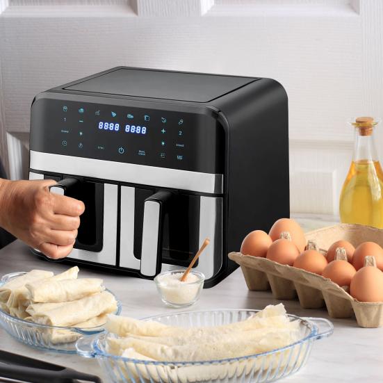 Аэрофритюрницы Двухзонные Аэрофритюрницы с Окном 9 л Вместимость Двойные Аэрофритюрницы 2 Ящика Сенсорный Экран Функция Умного Таймера (EU Plug)