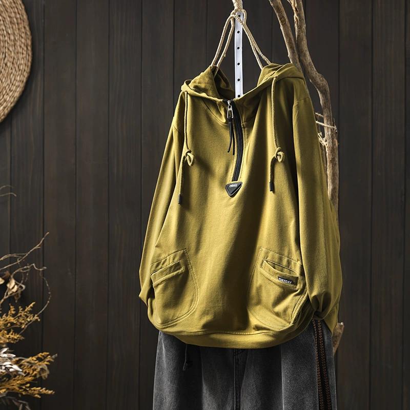 Hoodies Sweatshirts Hat Pullovers Patchwork Tops Women Loose Casual Green Cotton