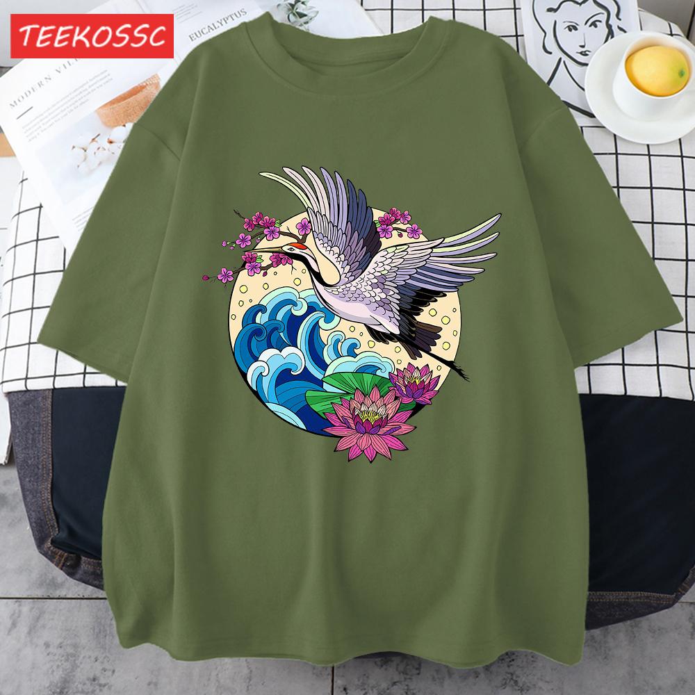 Cranes Enjoy Blooming Flowers Men T Shirts Vintage Fashion Soft Short Sleeve Summer Comfortable TShirt Unisex Cotton Loose Top