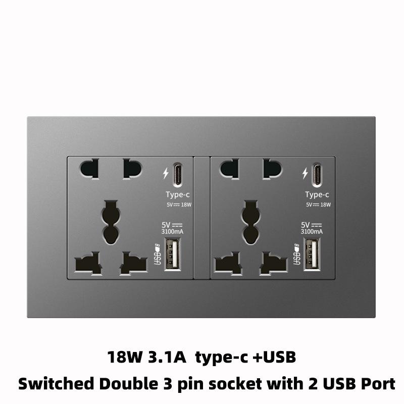 Британский стандарт Серая панель 86 Розетка 13A с быстрой зарядкой USB-C для Гонконга и Макао