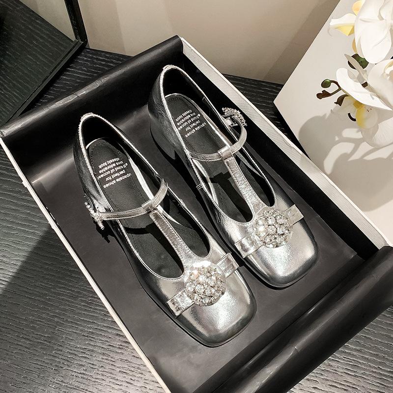 Весна 2025 новые туфли Мэри Джейн фея стразы бант французская кожа Т-образные туфли на толстом каблуке