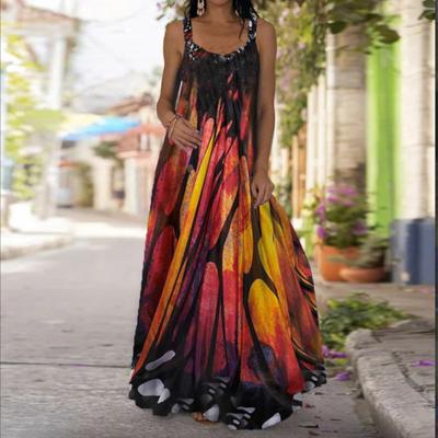 Женское платье-комбинация Длинное платье макси Красное платье с принтом перьев Весна и лето с V-образным вырезом Для отдыха и отпуска