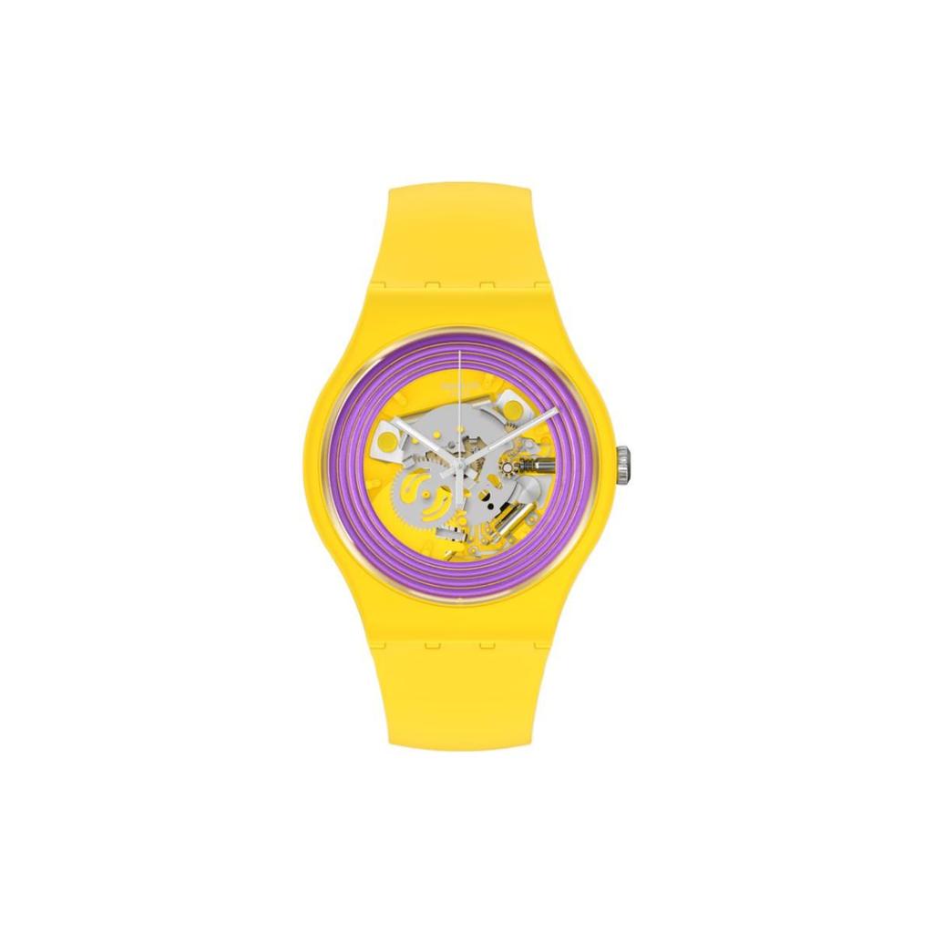 Swatch Новая серия Gent Кварцевый механизм Желтый Цирк Унисекс Часы 41 мм Фиолетовый Циферблат Пластиковый Корпус Силиконовый Ремешок Унисекс часы SO29J100