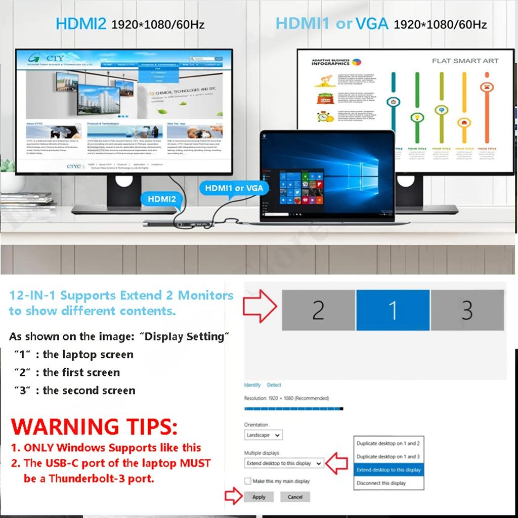 Док-станция 12-в-1: Двойной выход HDMI VGA, USB3.0, быстрая зарядка PD, аудиовыход 3,5 мм, RJ45, 87 Вт для U-диска, мыши, клавиатуры