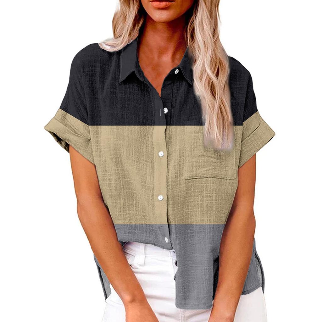 Женская модная свободная повседневная рубашка с короткими рукавами и отворотами на пуговицах с принтом и карманной футболкой Топ