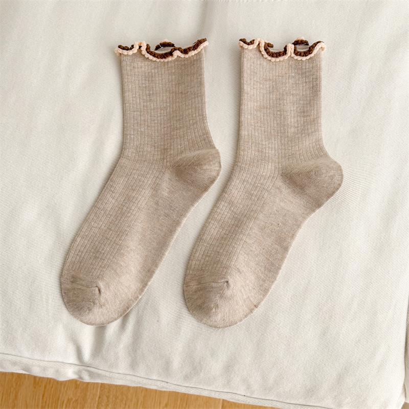 Ladies Spring and Autumn Sweet Solid Color Fungus Lace Ballet Wind Drum Pile Socks