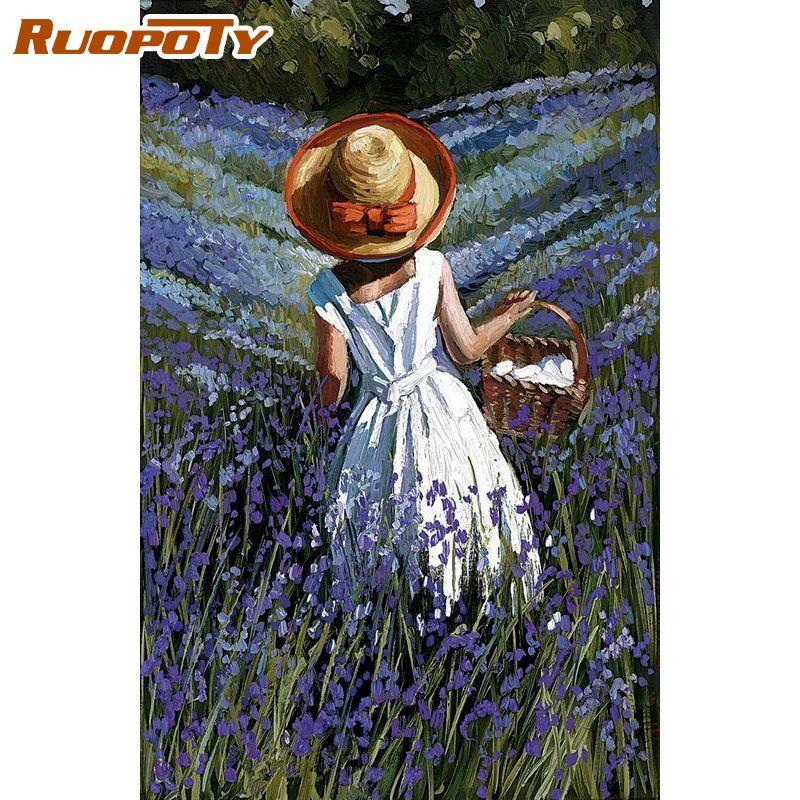 RUOPOTY Безрамная картина по номерам «сделай сам», наборы «Девочка снова в цветах», настенная картина по номерам для домашнего декора, произведение искусства 40x50 см, подарок «сделай сам»