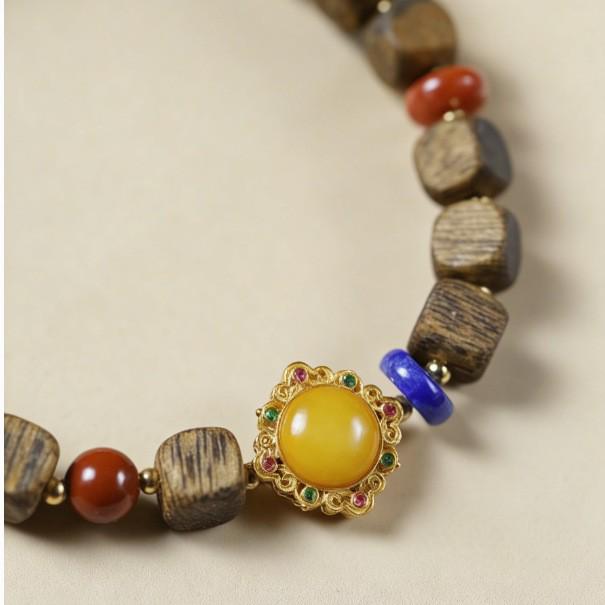 Natural Agarwood & Beeswax Square Bead Bracelet with Nan Hong Agarwood, 6mm, Single Strand, Simple Style