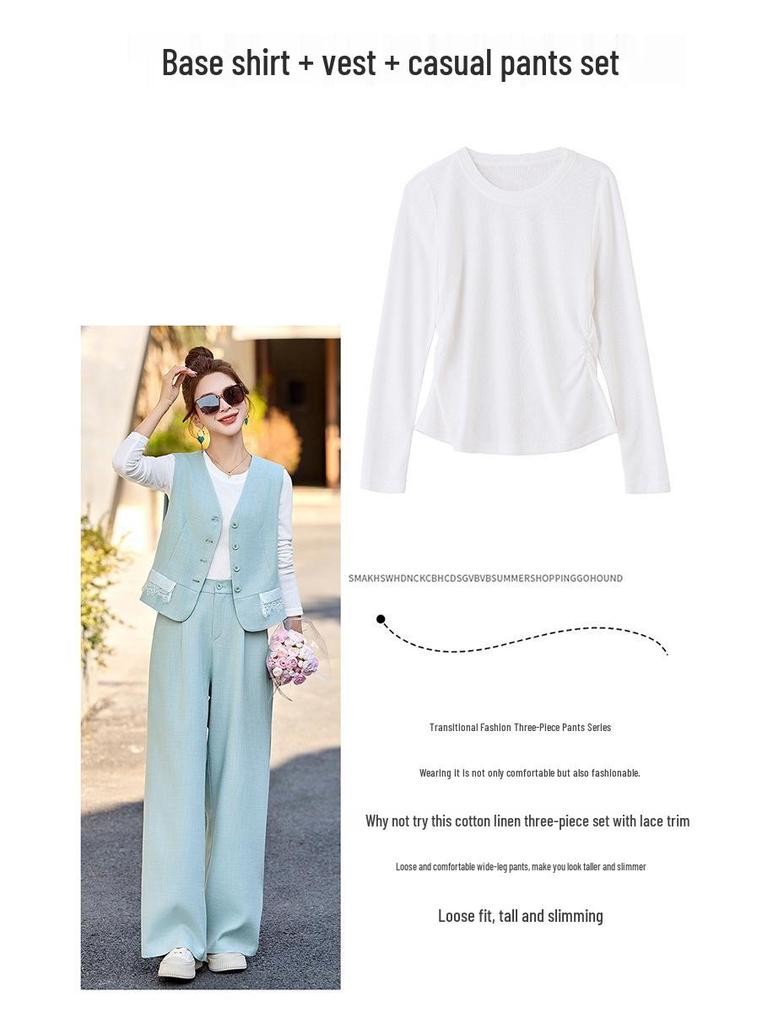 Женский модный комплект жилет на весну/лето 2025: Элегантный, Стройнящий, Омолаживающий Костюм-Тройка для Молодых Мам