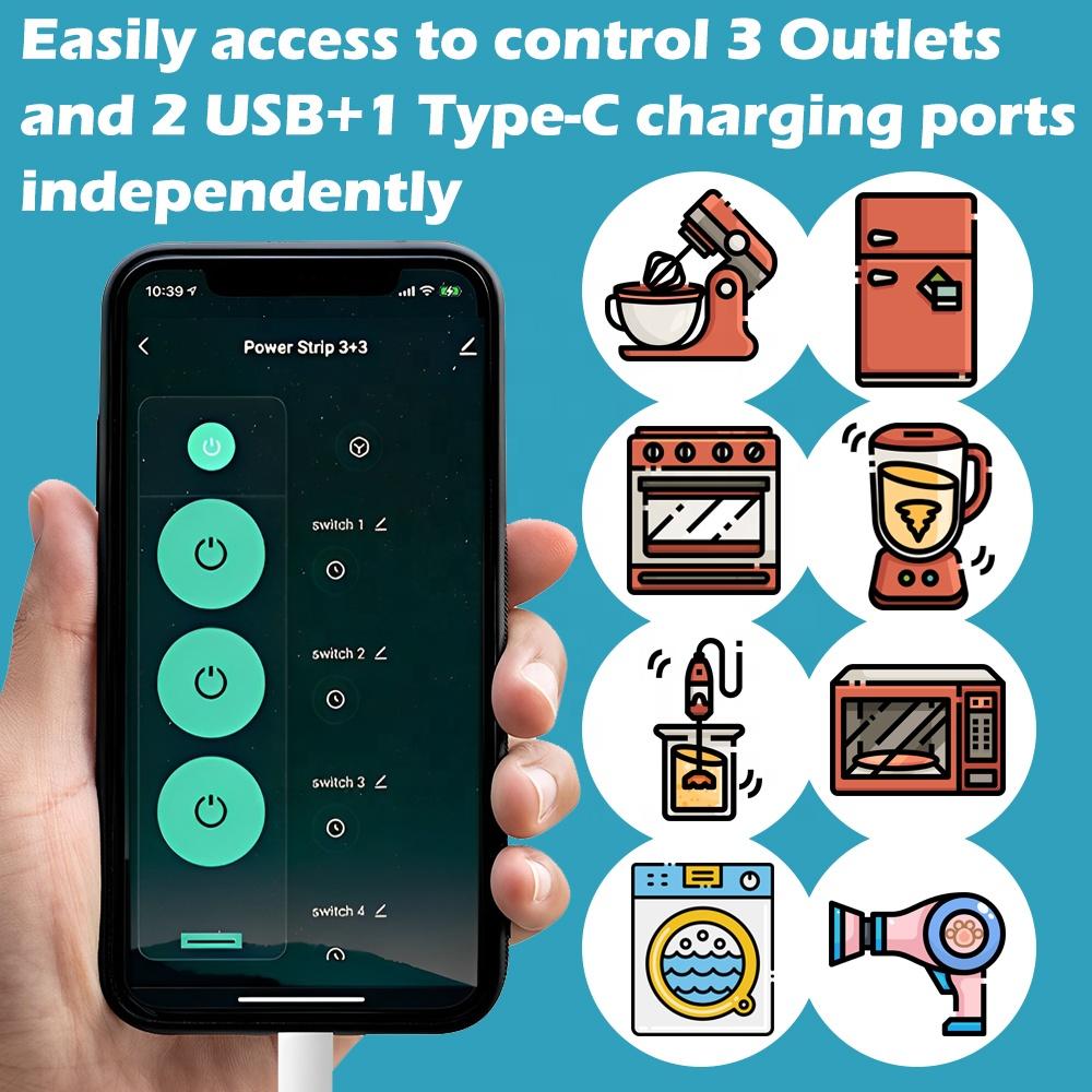 UK Tuya WiFi Smart Power Strip Удлинитель Розетка Вилка 2 USB порта 1 Type-C Пульт дистанционного управления Работает с Google Home Alexa Dot Office