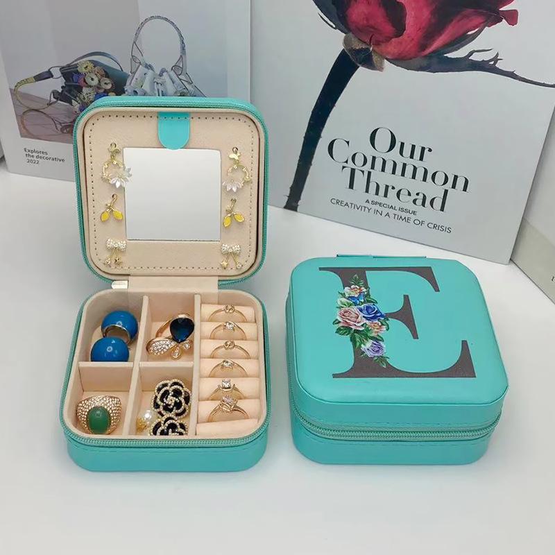 [Letter Blue] Portable Mirror PU Letter Storage Box Earrings Earrings Necklace Box