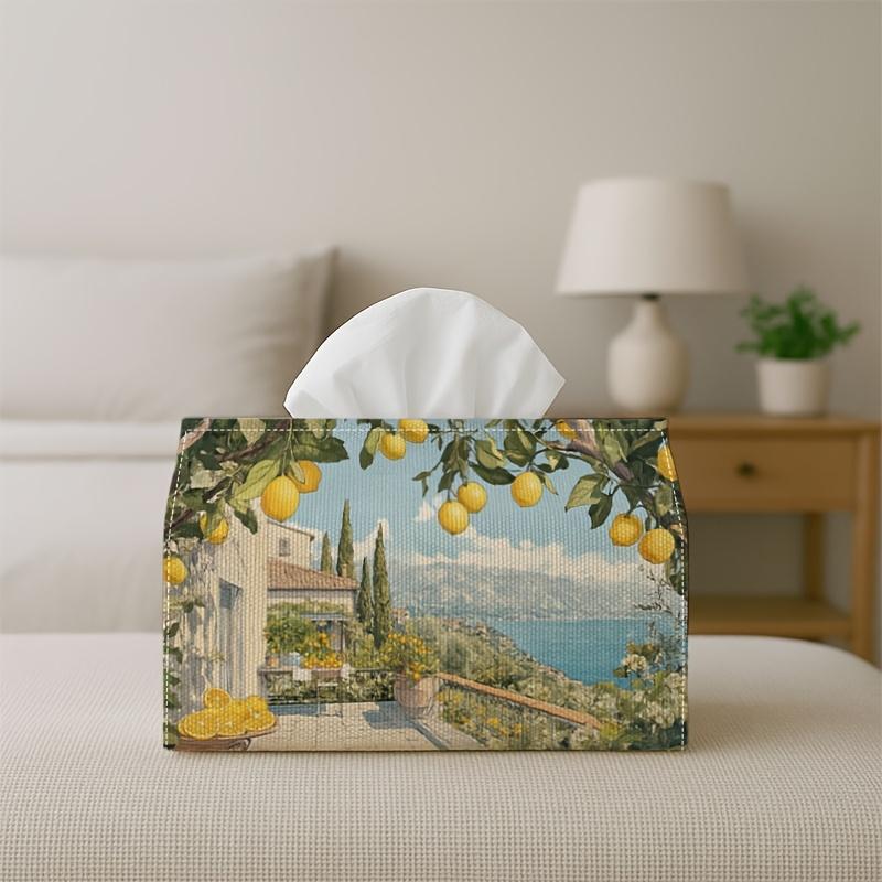 1pc Mediterranean Vintage Landscape Tissue Holder - Lemon Terrace Coastal, Suitable for Office, Parties, And for Living Room, Kitchen, Events - Decora