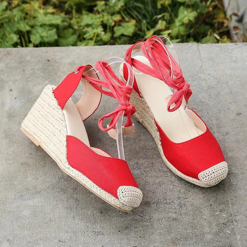 Fashion 2024 Summer New Large-size Wedge Sandals for Women Thick-soled Toe Wrap Heel Ring Strap Cloth Hemp Rope Sandals Women's Shoes
