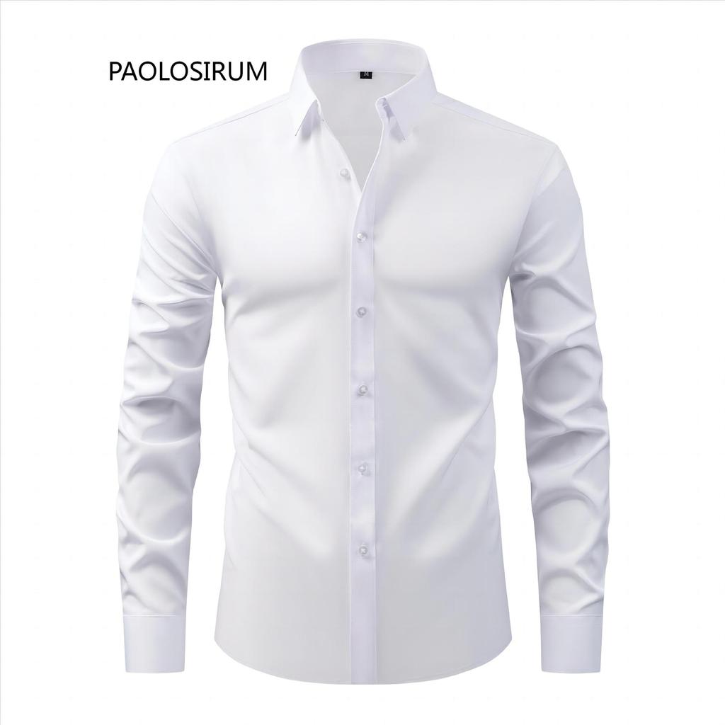 Мужская футболка больших размеров на весну и лето, однотонная, с отложным воротником и длинным рукавом, деловая рубашка