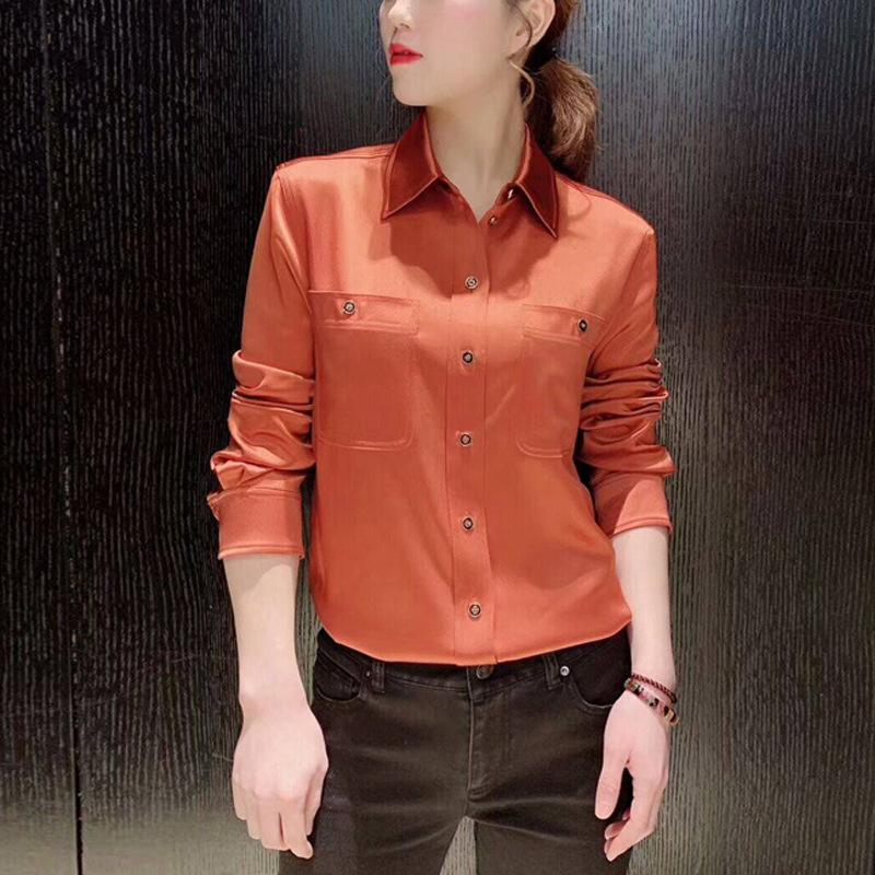Mall 1116 Spring and Autumn Women's New Versatile Satin Pocket Long Sleeve Casual Shirt 1111118