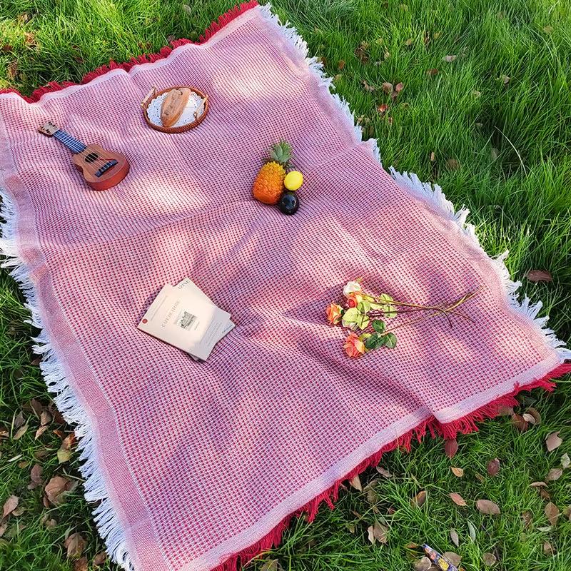 Picnic Mat Linen Waffle Weave Fringed Camping Blanket Outdoor Tablecloth Multi Purpose Outdoor Mat For Picnic Camping Car Trunk