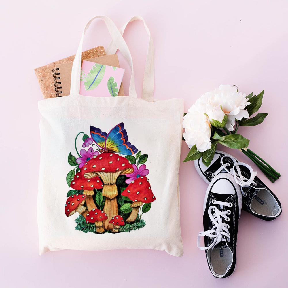 Women Canvas Shoulder Bag London Colorfull Mushroom Print Ladies Casual Handbag Tote Bag Reusable Large Capacity Cotton Shopping Beach Bag