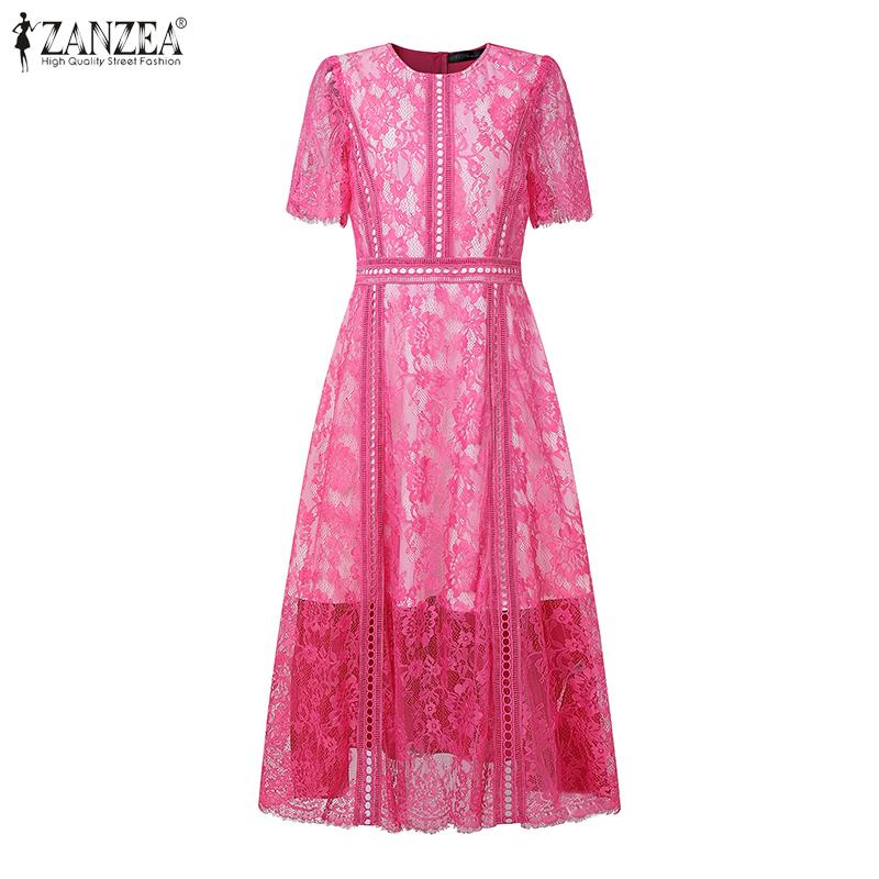 ZANZEA Women Casual Round Neck Short Sleeve Summer Lace Patchwork Dress