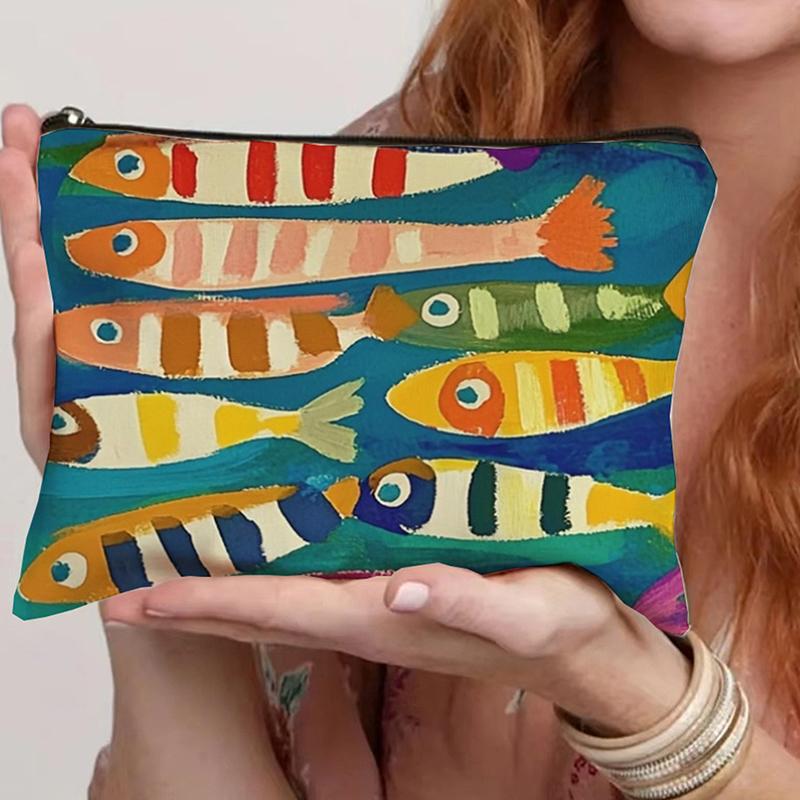 Винтажная холщовая косметичка Простая косметичка большой вместимости Женский дорожный клатч Сумка для туалетных принадлежностей Ретро дизайн с сардинами и оливковым маслом