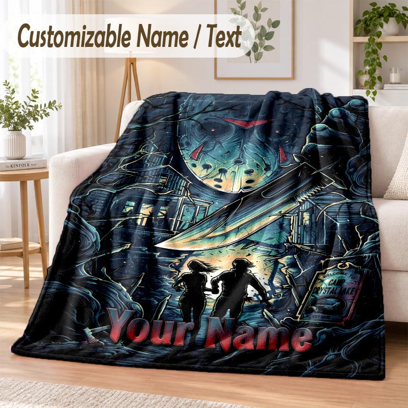 Friday the 13th Jason Voorhees Custom Name Flannel Throw Blanket Soft Warm for Sofa Bed Indoor Home Use