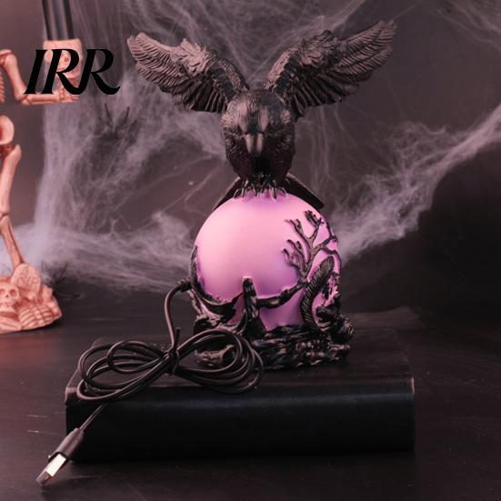 Unique Gothic Gift Crow Lamp, with Purple Light Ball, Resin Halloween Night Light, LED USB Powered Dark Style Statue for Bedroom Living Room