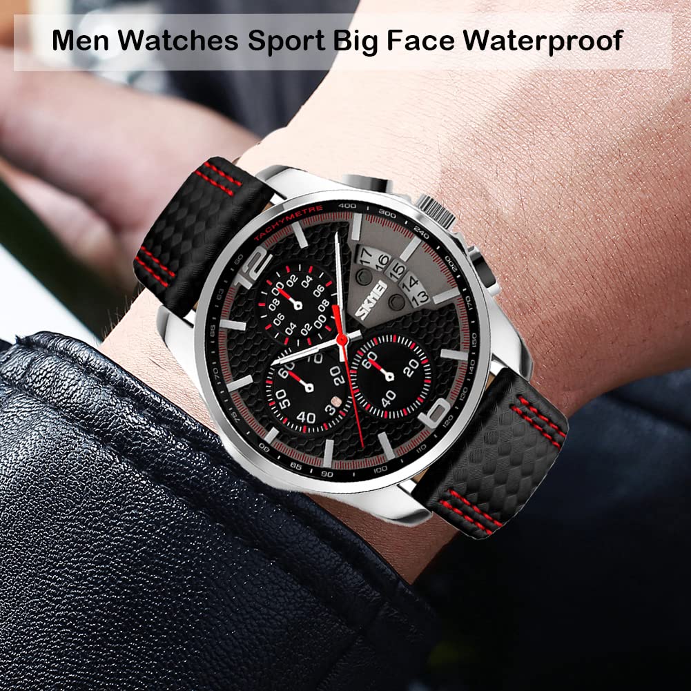 Черный кожаный ремешок водонепроницаемые наручные часы стильный повседневный хронограф большой циферблат брендовые аналоговые деловые часы роскошные подарочные часы для мужчин SKMEI мужские