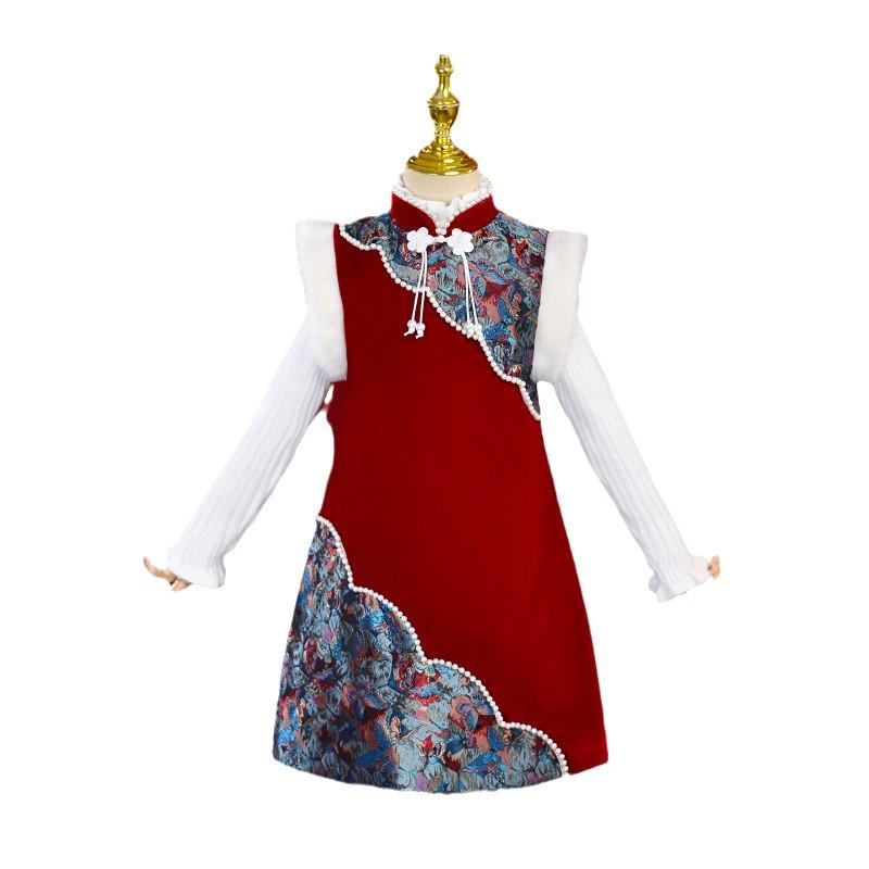 Зимнее теплое плюшевое платье-чонсам ханьфу для девочек - маленькие и средние размеры