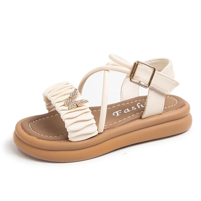Детские сандалии принцессы со складками для девочек, сандалии со стразами и бабочкой, модная детская летняя пляжная обувь с крестиком, милая