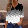 Women's Fashion V-Neck Button Seven Sleeve T-Shirt Casual Geometric Splicing Printed Top