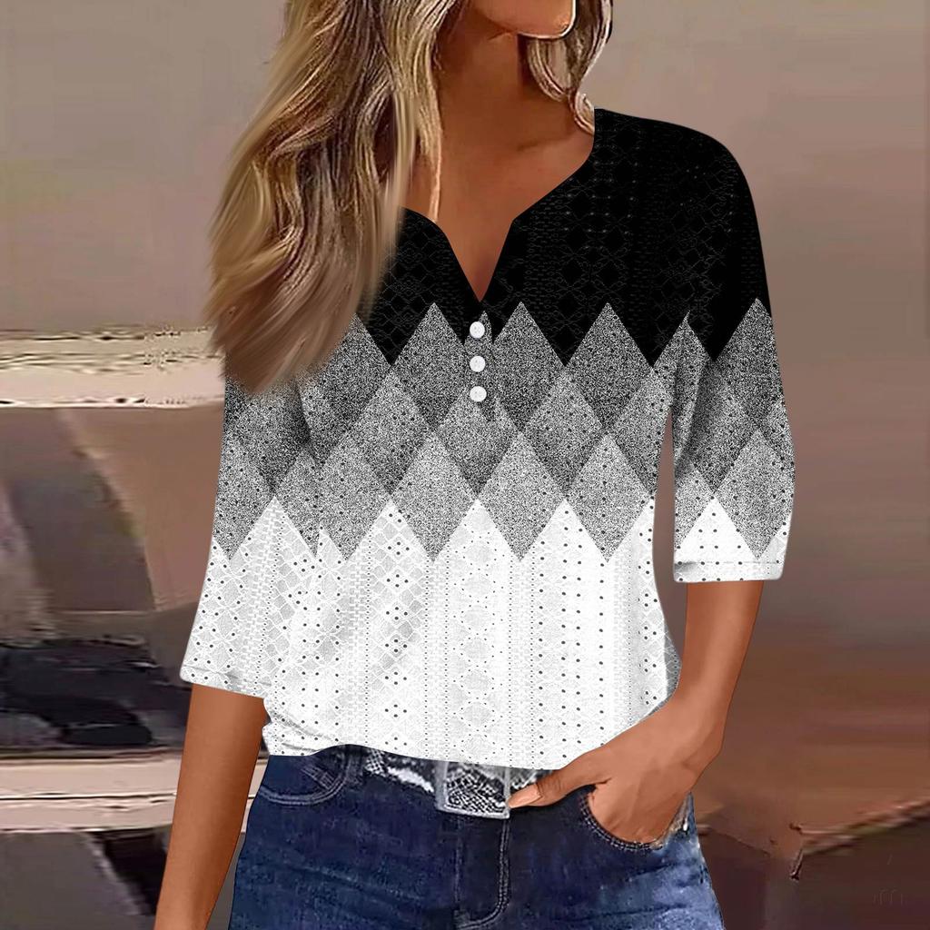 Women's Fashion V-Neck Button Seven Sleeve T-Shirt Casual Geometric Splicing Printed Top