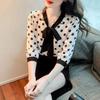 Fashion Polka Dot Chiffon Shirt for Women's Top New Summer 3/4 Sleeve Bottoming Blouse Scarf Collar Bow Pullover M-3XL