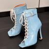 Peep Toe Ankle Boots Women's Summer Shoes 2024 White Blue Pink High Heels Sandals Ladies Lace-up Dance Wedding Shoes Big Size