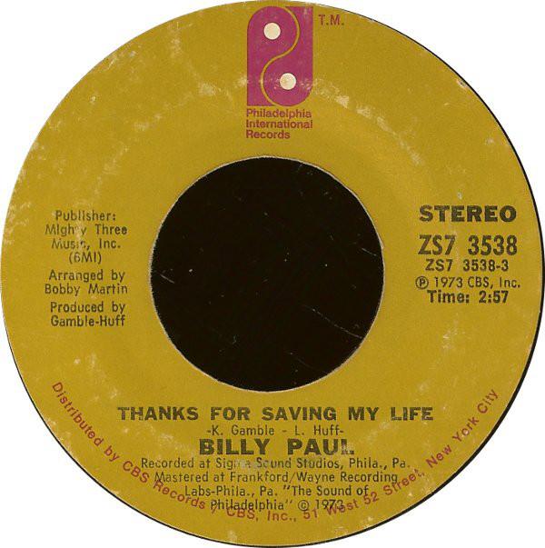 7-дюймовая пластинка BILLY PAUL Thanks For Saving My Life ZS73538 Филадельфия В 1973 году Канада SoulFunk Б/у