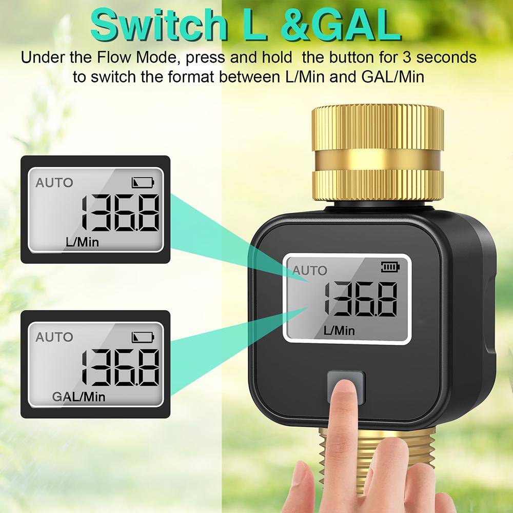 Digital Water Flow Meter 3/4" Inch Brass Inlet Outlet Flowmeter IPX5 Water Consumption and Flow Rate Monitor for Garden Hose