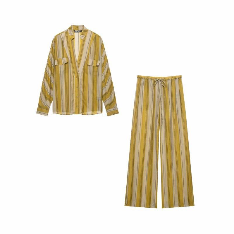 Womens Striped V-Neck Long Sleeve Shirt Relaxed Fit Trousers Set Casual Office Wear
